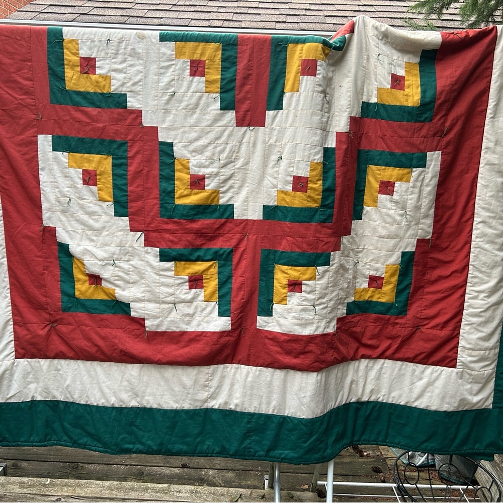 Vintage Homemade Patchwork Quilt with Red, Green, & Yellow Log Cabin, Queen